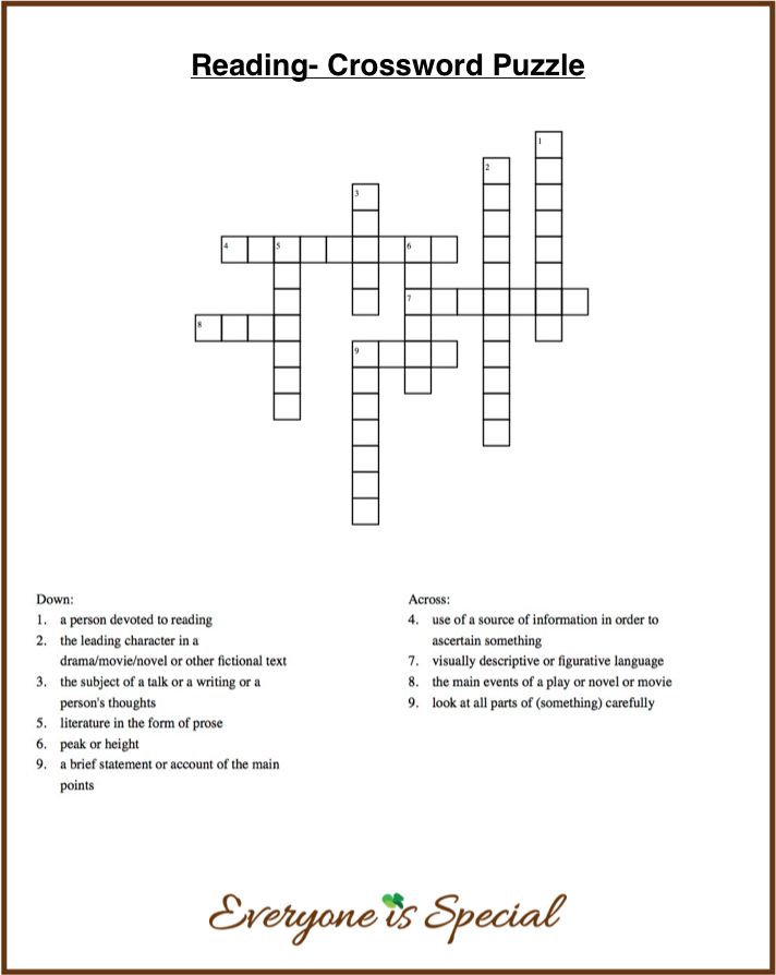 READING Crossword Puzzle Our Own Kids Club